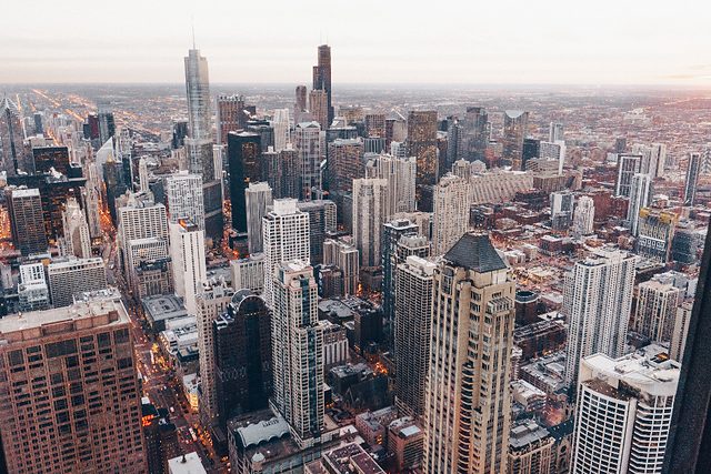 Aerial view of a downtown business district