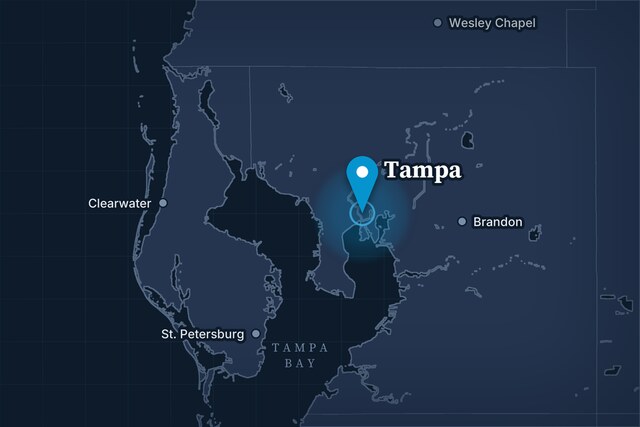 Map of the Tampa Bay area with a pin on Tampa, also marking Clearwater, St. Petersburg, Brandon and Wesley Chapel